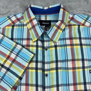 Marmot Dobson Shirt Mens Size XL Blue Plaid Short Sleeve Button Up Gorpcore